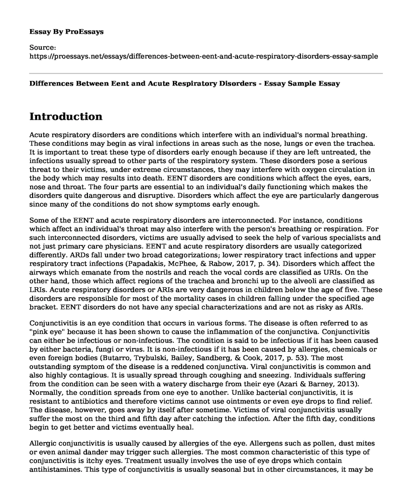 Differences Between Eent and Acute Respiratory Disorders - Essay Sample