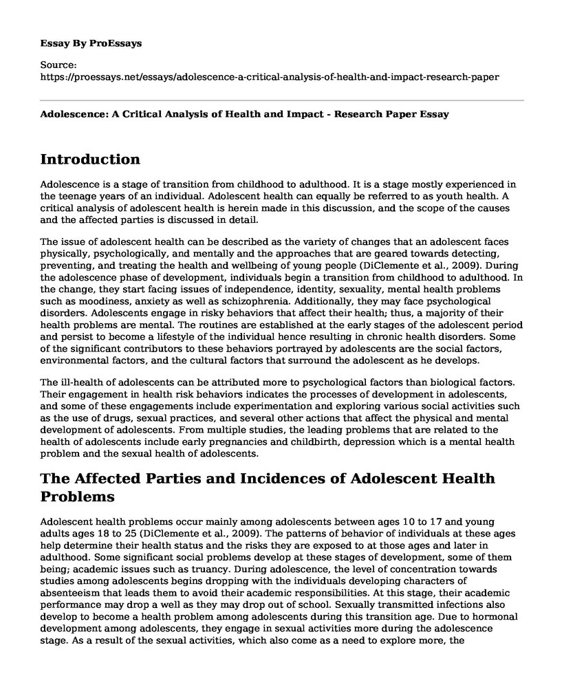 Adolescence: A Critical Analysis of Health and Impact - Research Paper