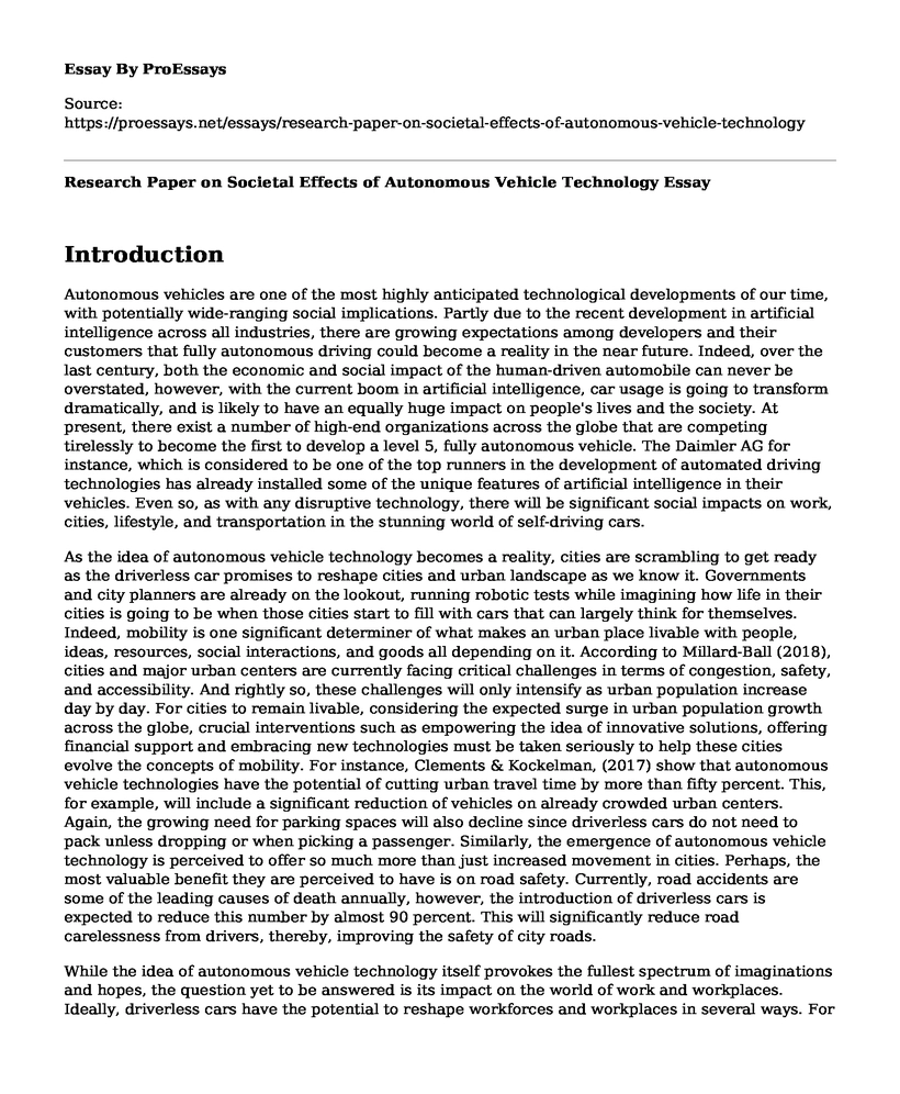 Research Paper on Societal Effects of Autonomous Vehicle Technology
