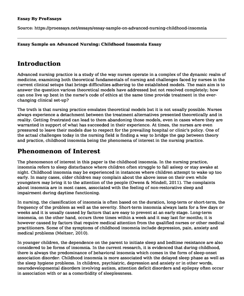Essay Sample on Advanced Nursing: Childhood Insomnia