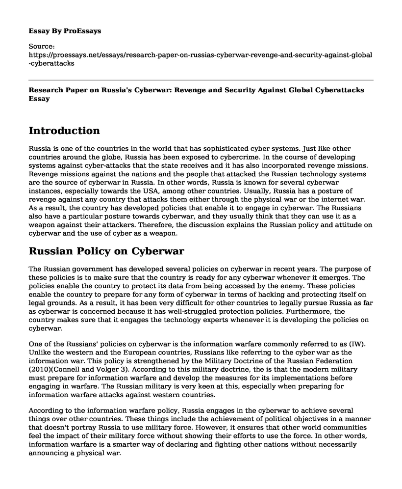 Research Paper on Russia's Cyberwar: Revenge and Security Against Global Cyberattacks