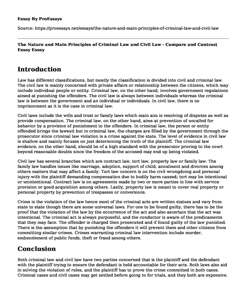 The Nature and Main Principles of Criminal Law and Civil Law - Compare and Contrast Essay