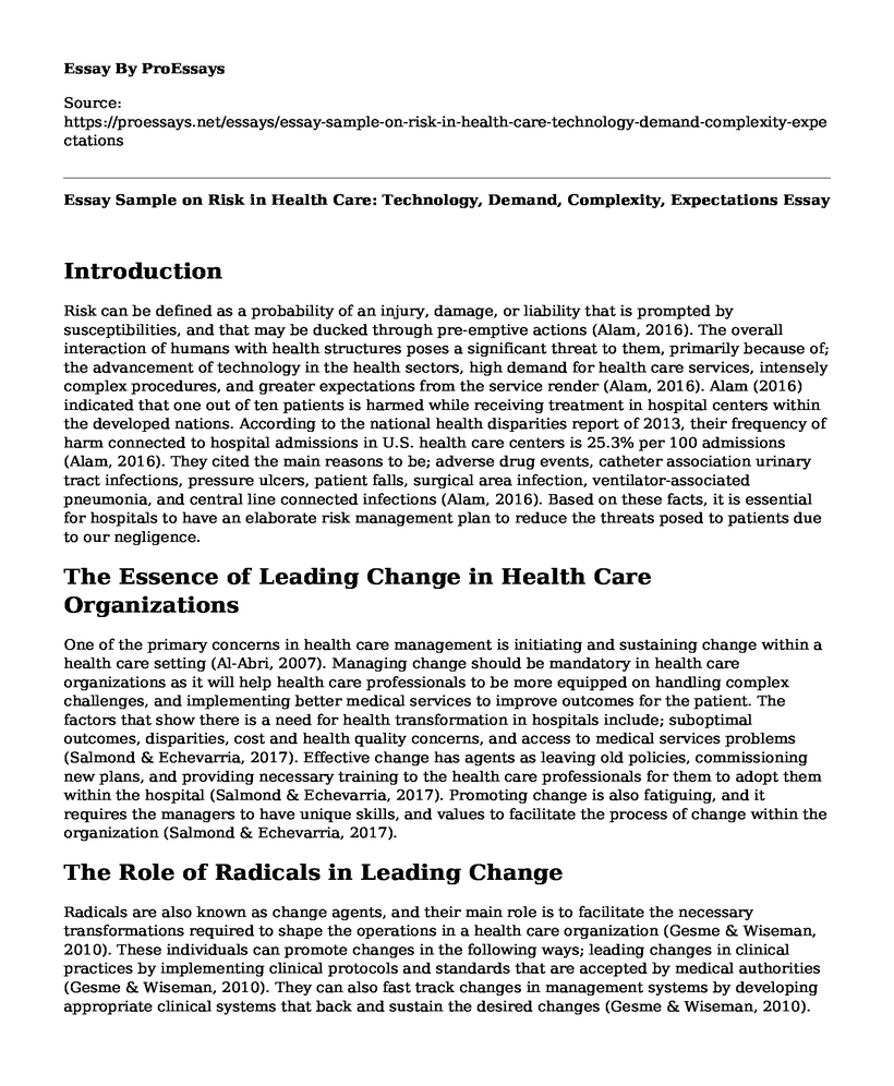 Essay Sample on Risk in Health Care: Technology, Demand, Complexity, Expectations