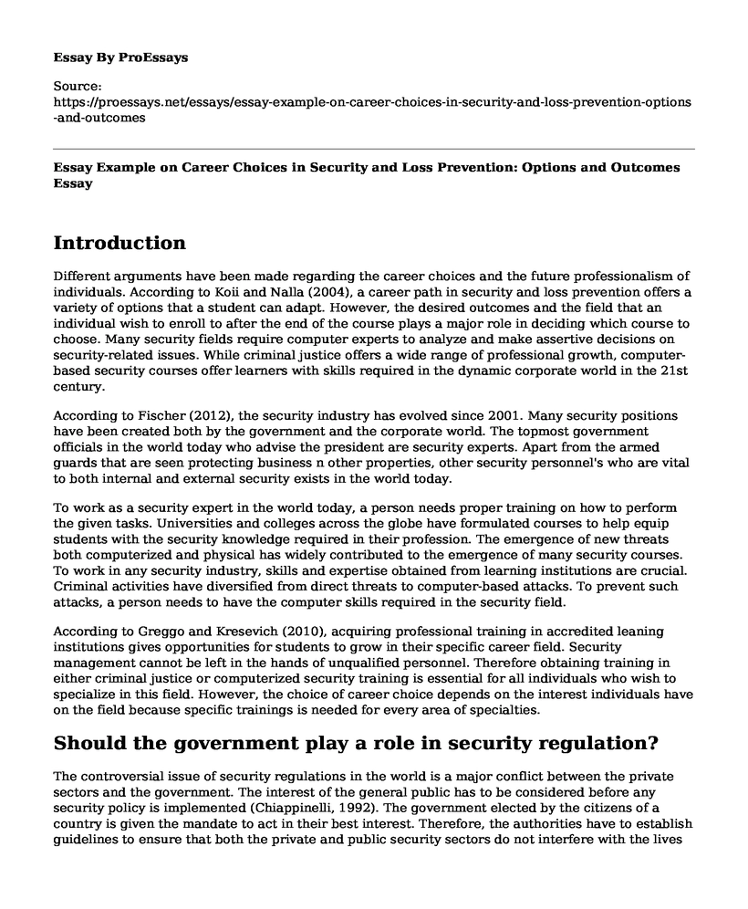Essay Example on Career Choices in Security and Loss Prevention: Options and Outcomes