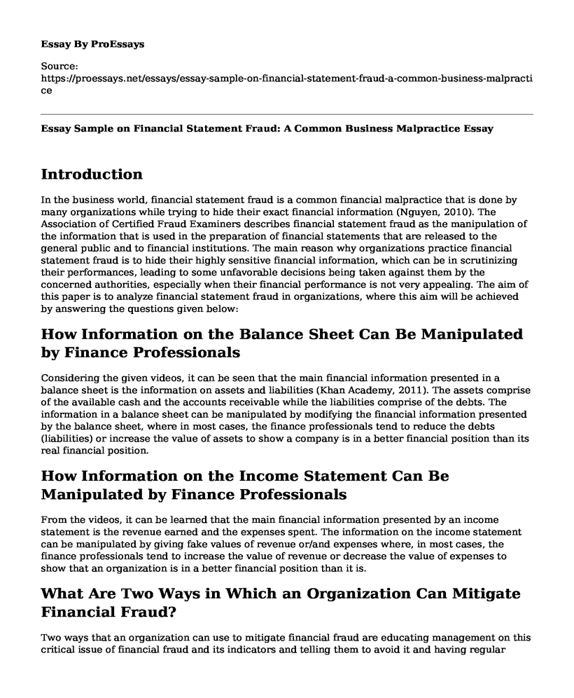 Essay Sample on Financial Statement Fraud: A Common Business Malpractice