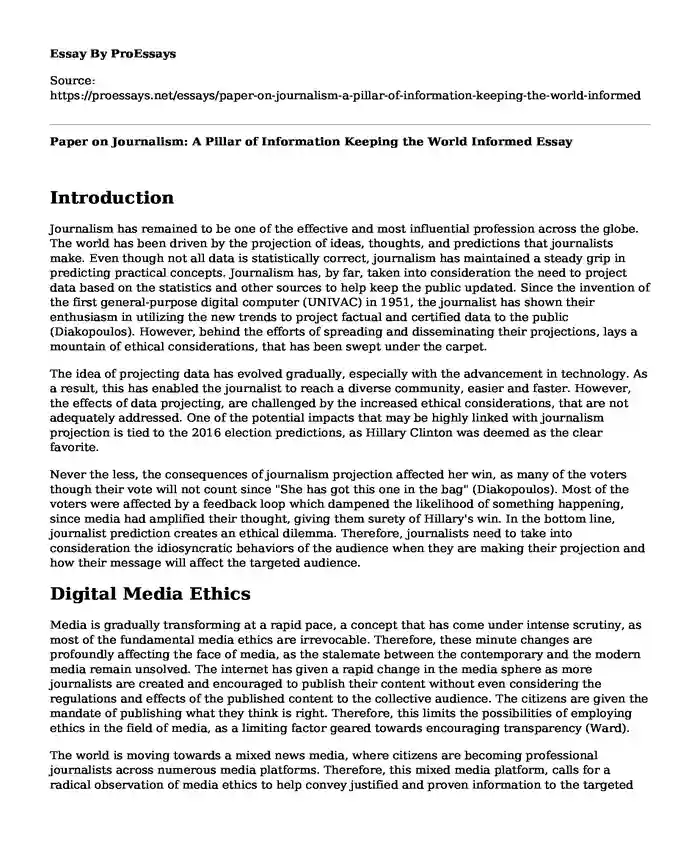 Paper on Journalism: A Pillar of Information Keeping the World Informed