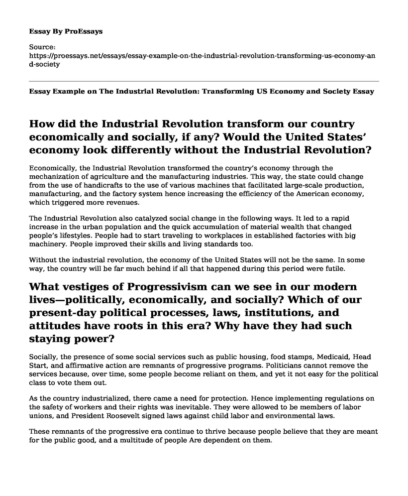 Essay Example on The Industrial Revolution: Transforming US Economy and Society