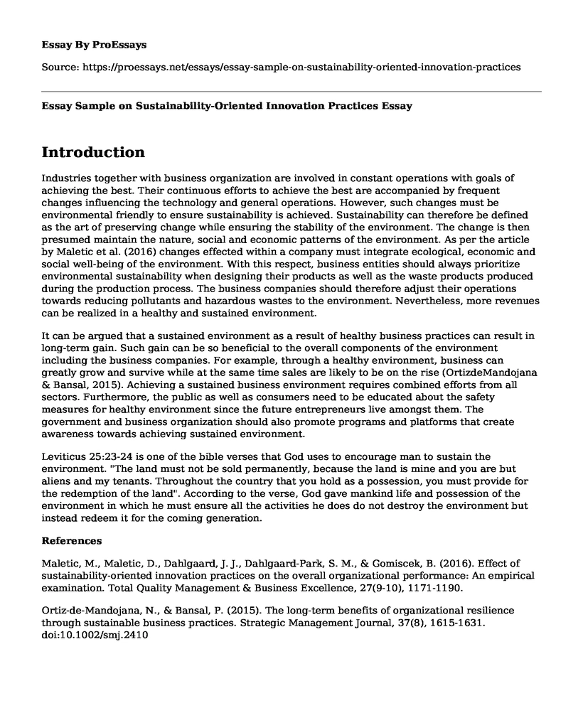 Essay Sample on Sustainability-Oriented Innovation Practices