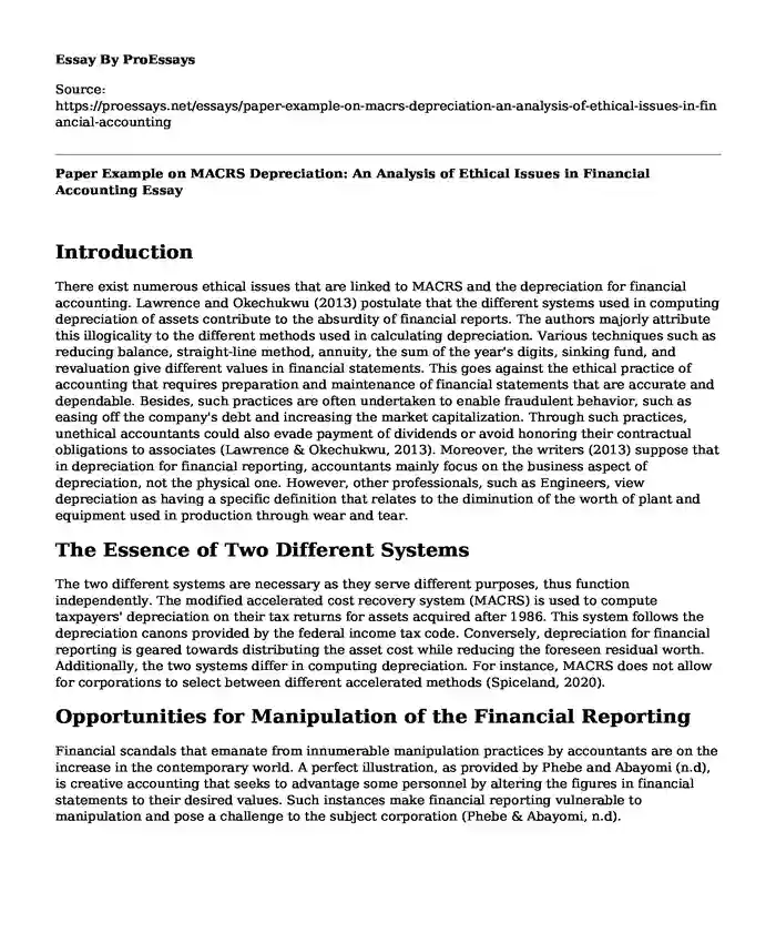 Paper Example on MACRS Depreciation: An Analysis of Ethical Issues in Financial Accounting