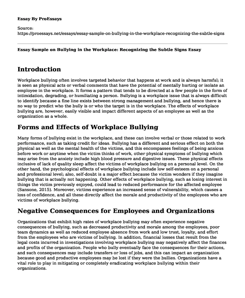 Essay Sample on Bullying in the Workplace: Recognizing the Subtle Signs