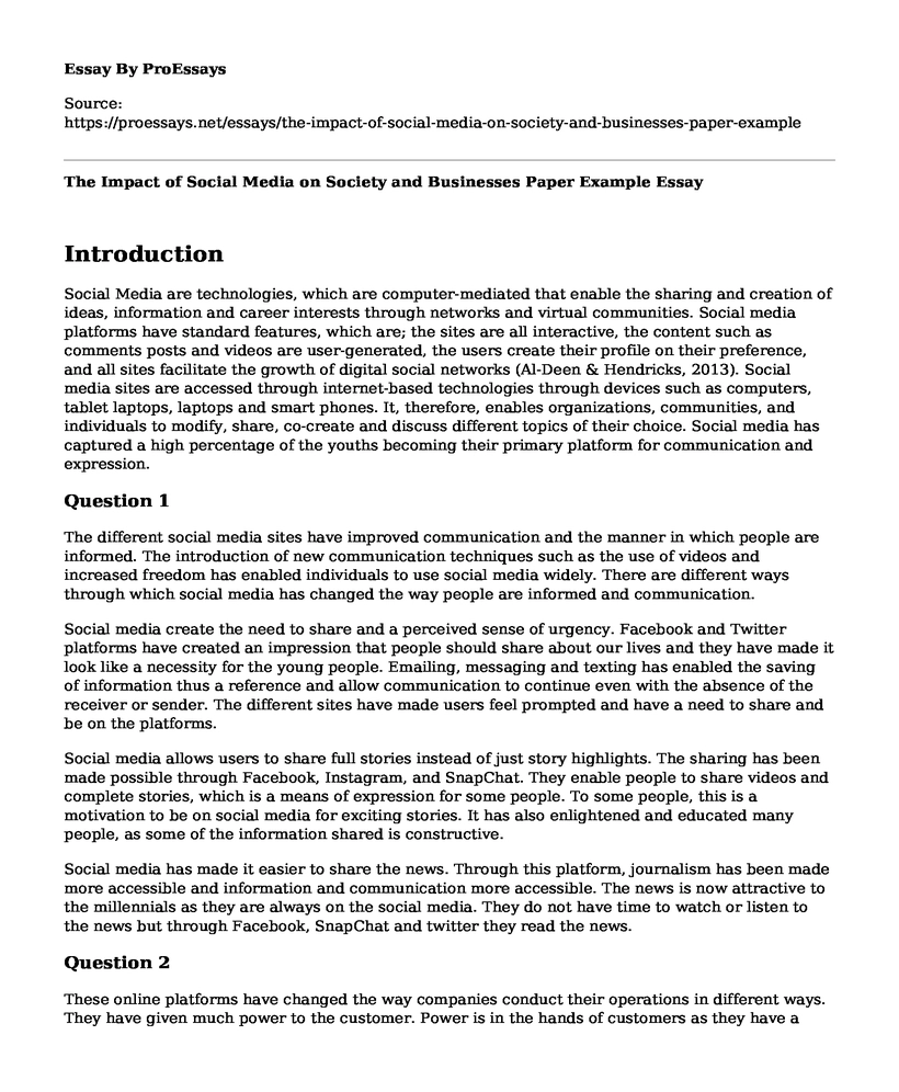 The Impact of Social Media on Society and Businesses Paper Example