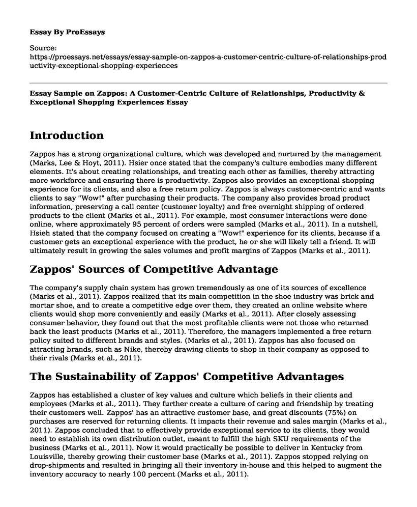 Essay Sample on Zappos: A Customer-Centric Culture of Relationships, Productivity & Exceptional Shopping Experiences