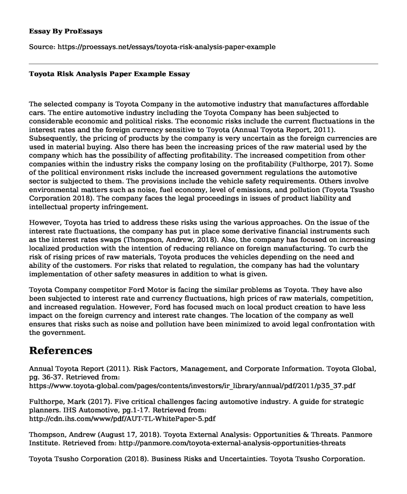 Toyota Risk Analysis Paper Example