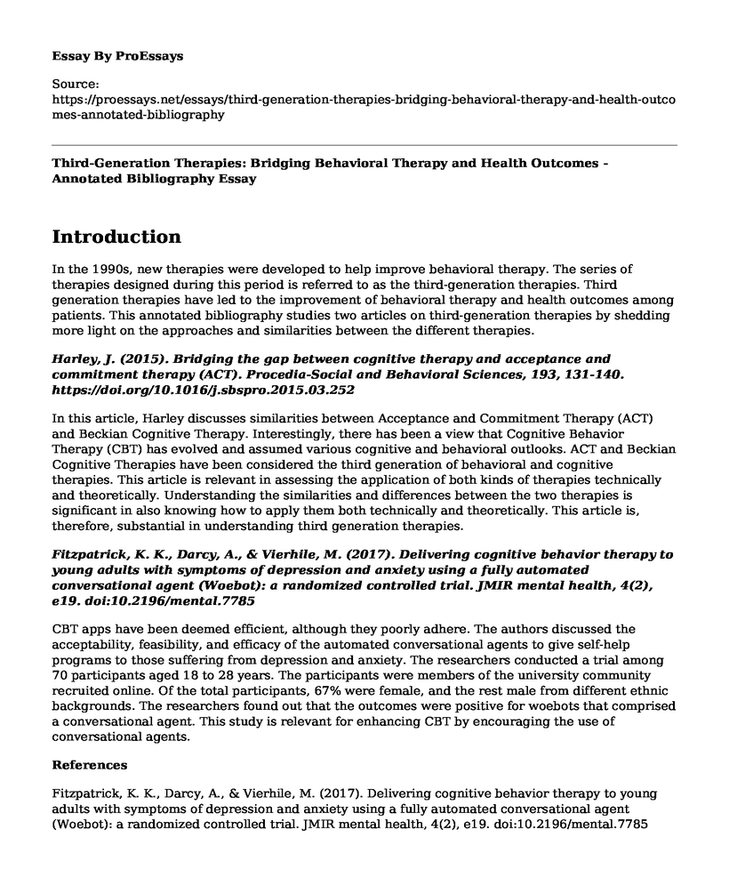 Third-Generation Therapies: Bridging Behavioral Therapy and Health Outcomes - Annotated Bibliography