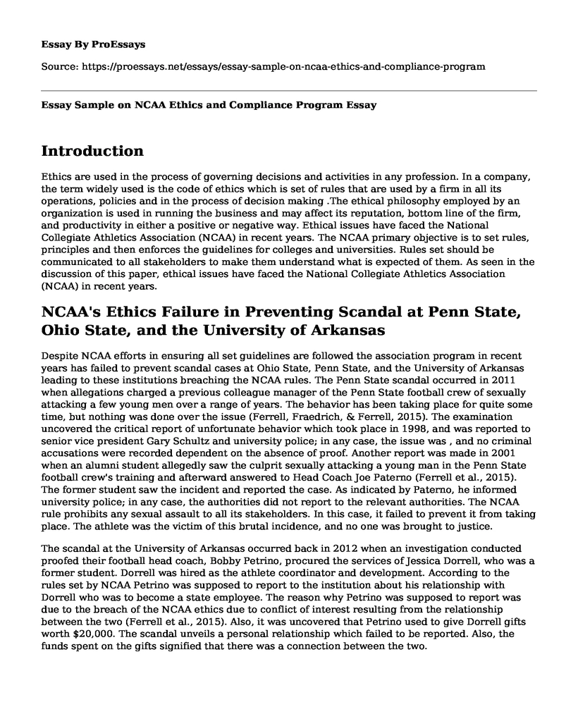 Essay Sample on NCAA Ethics and Compliance Program