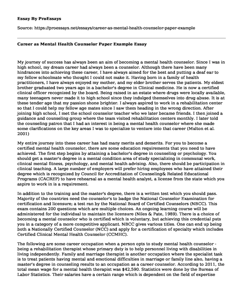 Career as Mental Health Counselor Paper Example