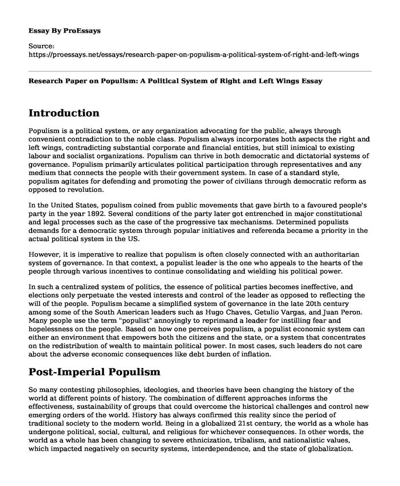 Research Paper on Populism: A Political System of Right and Left Wings