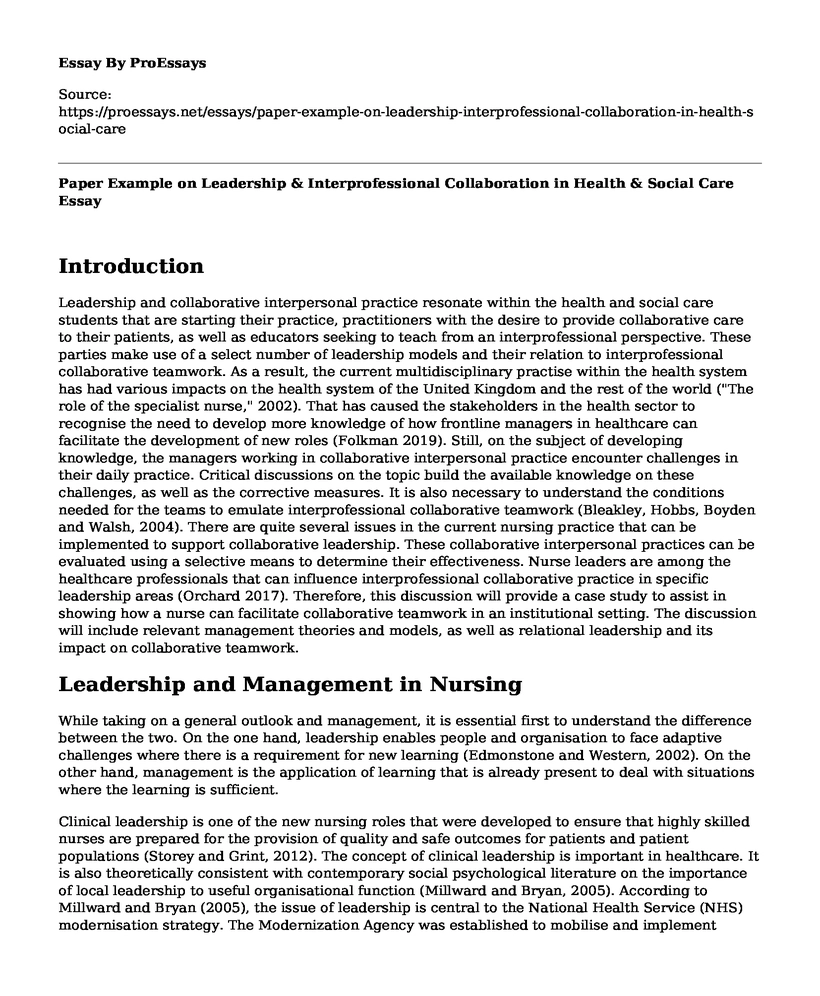 Paper Example on Leadership & Interprofessional Collaboration in Health & Social Care