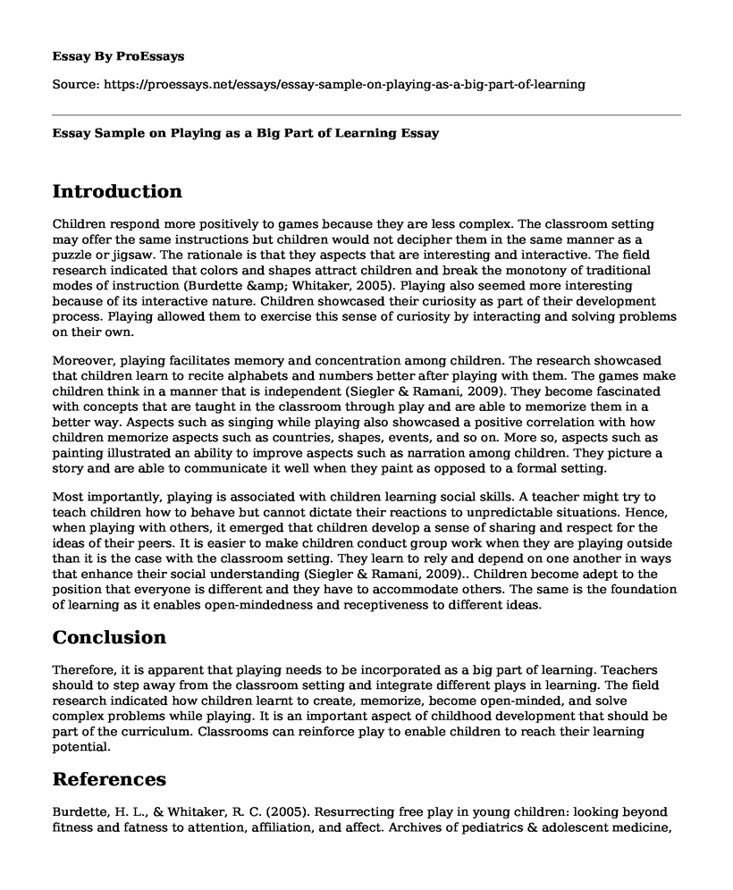 Essay Sample on Playing as a Big Part of Learning