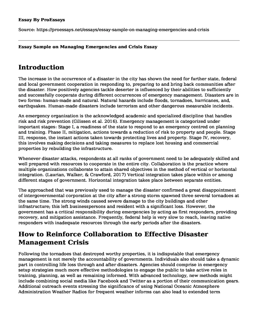 Essay Sample on Managing Emergencies and Crisis
