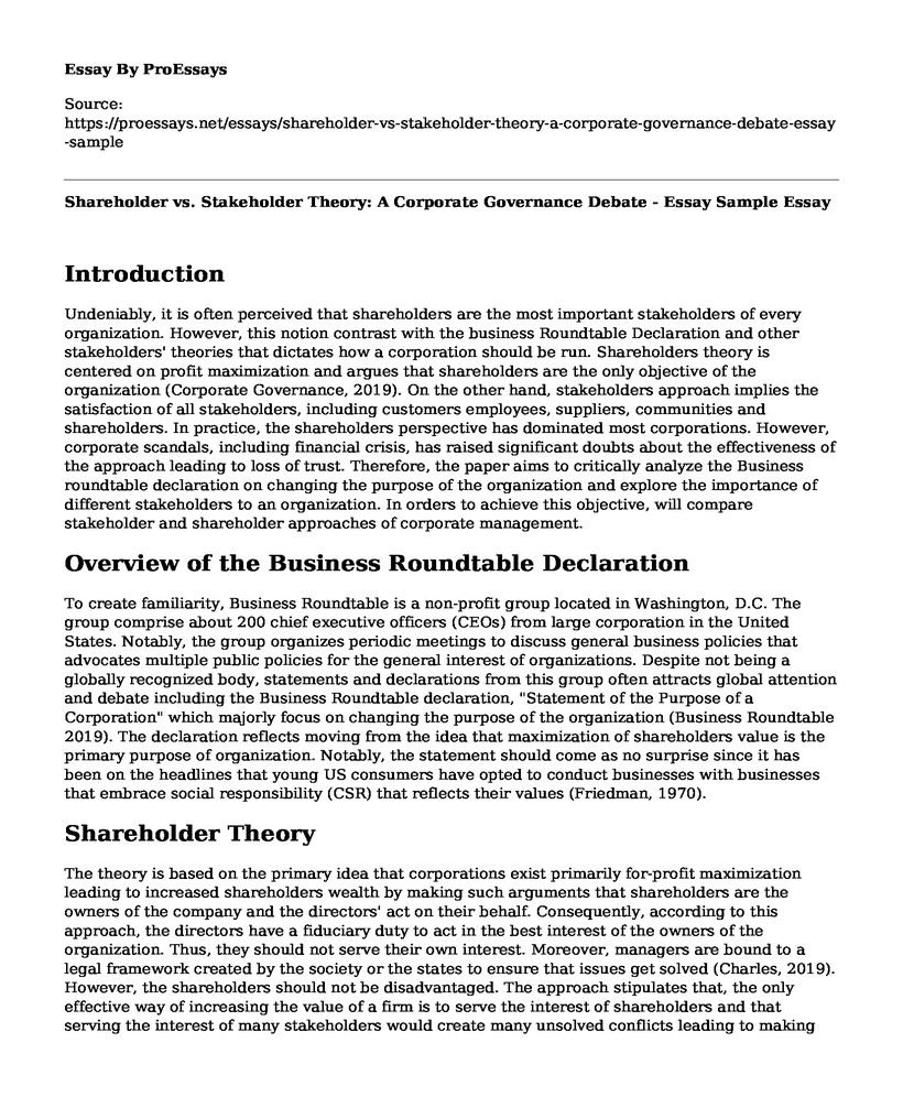 Shareholder vs. Stakeholder Theory: A Corporate Governance Debate - Essay Sample