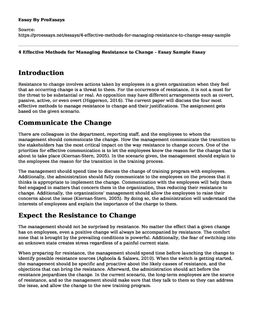 4 Effective Methods for Managing Resistance to Change - Essay Sample