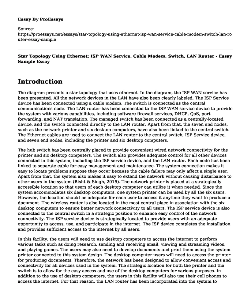 Star Topology Using Ethernet: ISP WAN Service, Cable Modem, Switch, LAN Router - Essay Sample