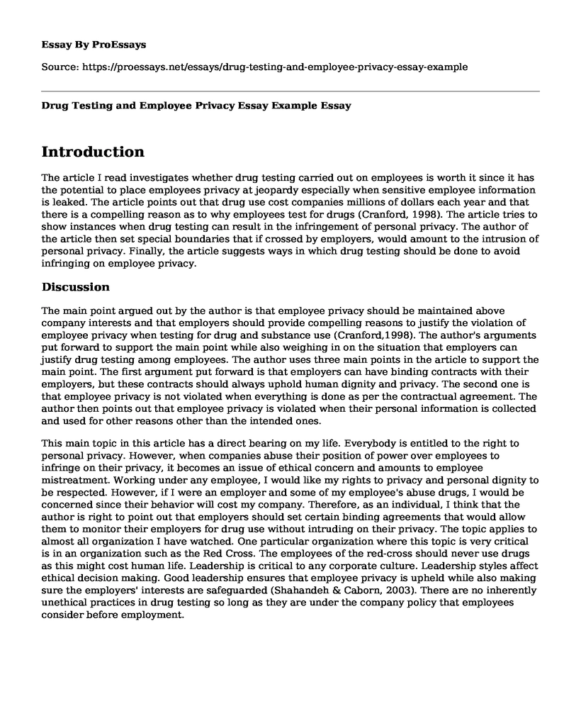 Drug Testing and Employee Privacy Essay Example
