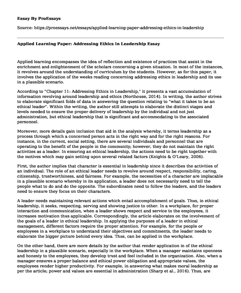 Applied Learning Paper: Addressing Ethics in Leadership