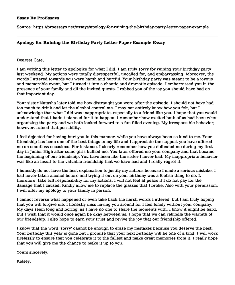 Apology for Ruining the Birthday Party Letter Paper Example