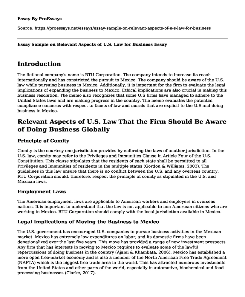 Essay Sample on Relevant Aspects of U.S. Law for Business
