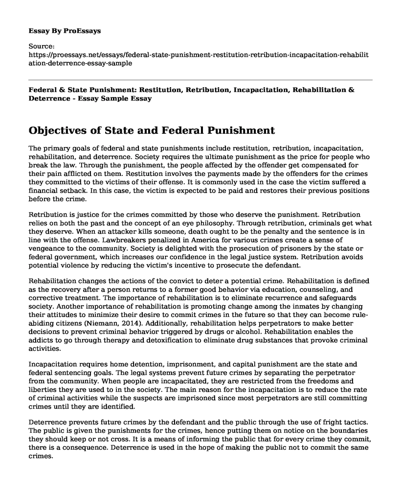 Federal & State Punishment: Restitution, Retribution, Incapacitation, Rehabilitation & Deterrence - Essay Sample