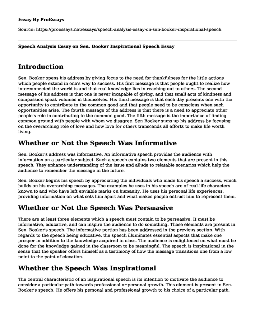 Speech Analysis Essay on Sen. Booker Inspirational Speech