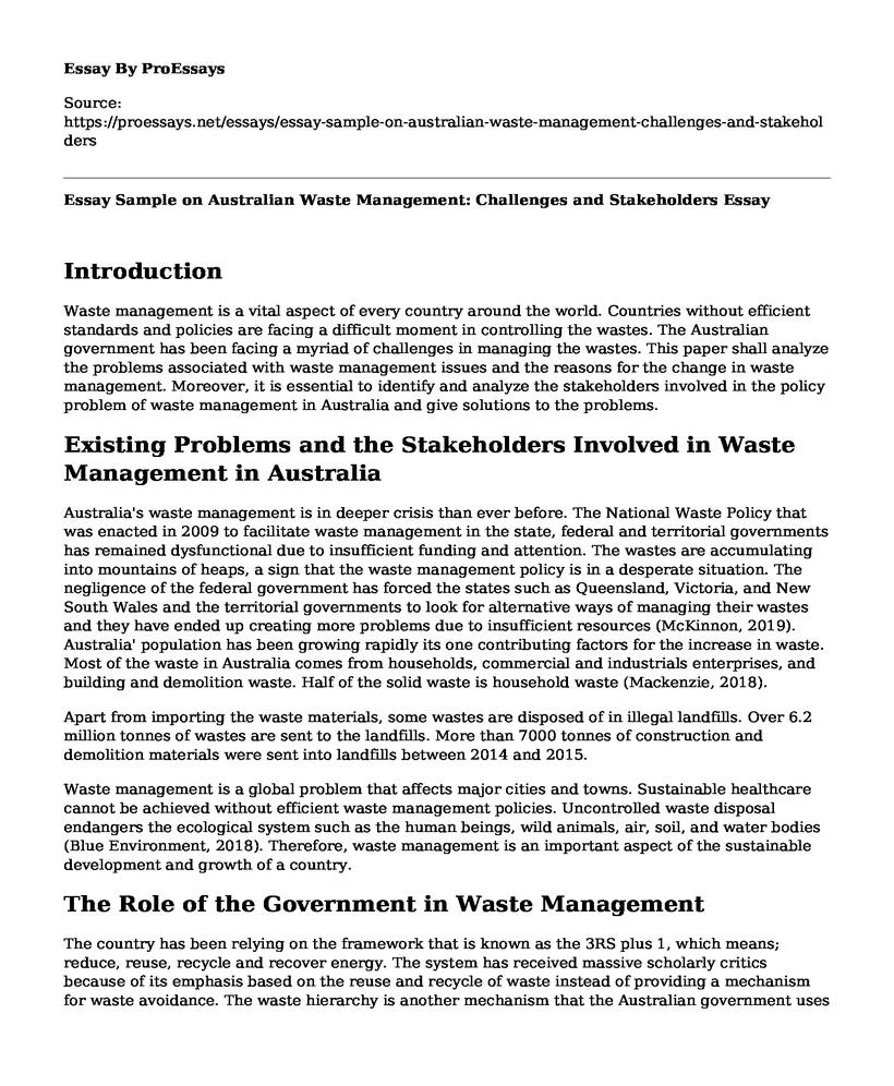 Essay Sample on Australian Waste Management: Challenges and Stakeholders