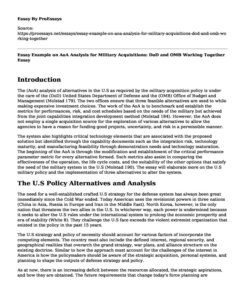 Essay Example On Aoa Analysis For Military Acquisitions Dod And Omb Working Together Free