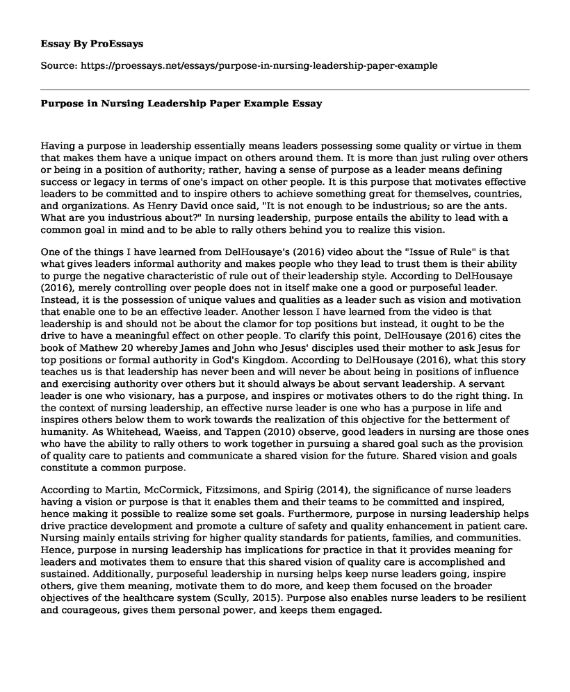 Purpose in Nursing Leadership Paper Example