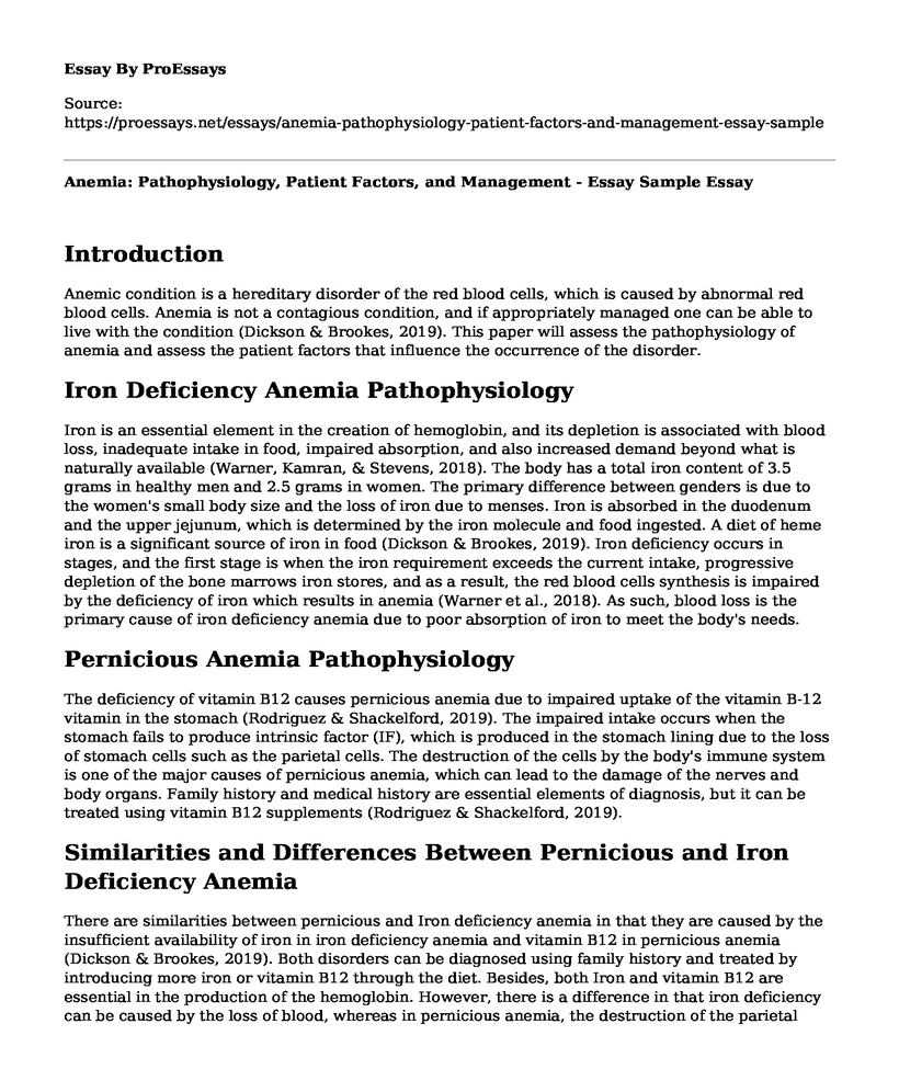 Anemia: Pathophysiology, Patient Factors, and Management - Essay Sample