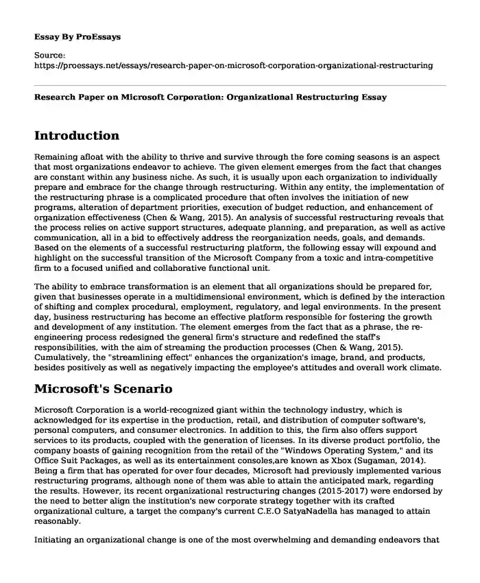Research Paper on Microsoft Corporation: Organizational Restructuring