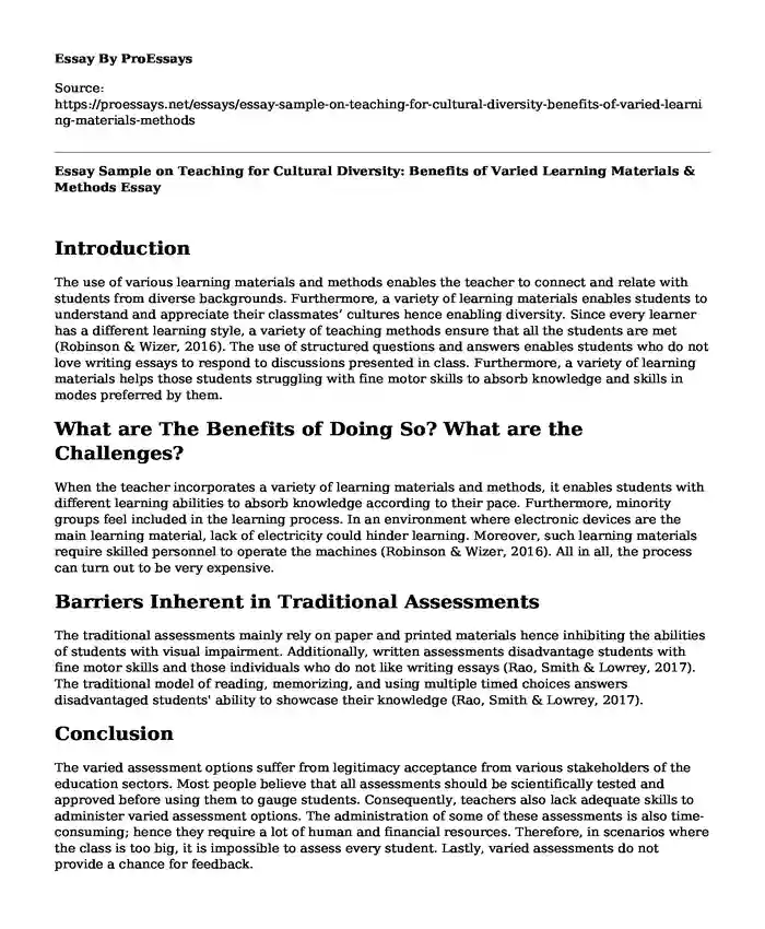 Essay Sample on Teaching for Cultural Diversity: Benefits of Varied Learning Materials & Methods