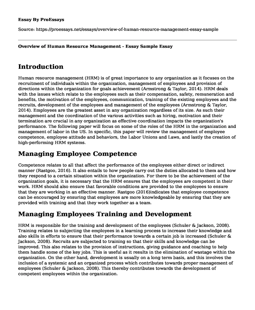Overview of Human Resource Management - Essay Sample