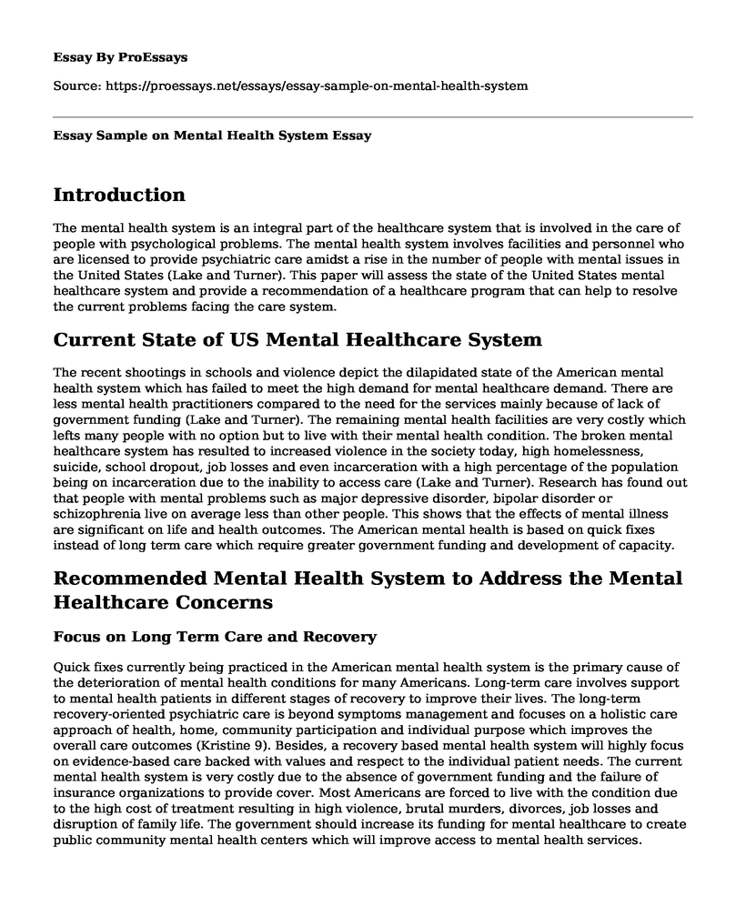 Essay Sample on Mental Health System