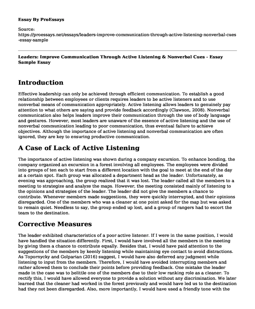 Leaders: Improve Communication Through Active Listening & Nonverbal Cues - Essay Sample