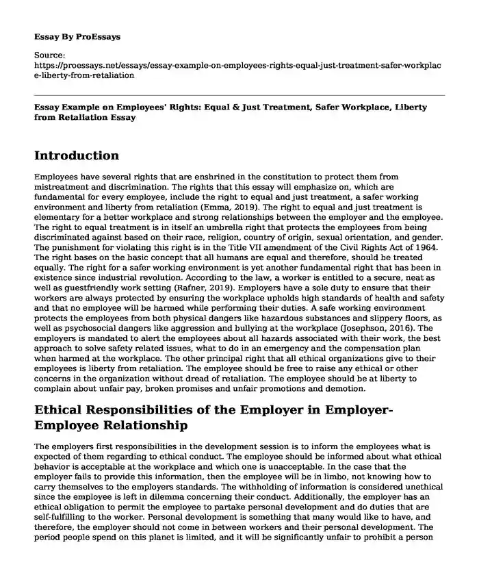 Essay Example on Employees' Rights: Equal & Just Treatment, Safer Workplace, Liberty from Retaliation