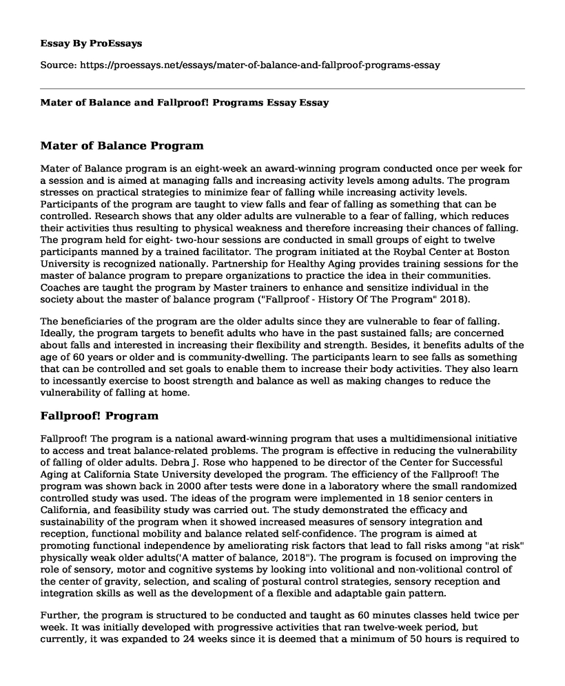 Mater of Balance and Fallproof! Programs Essay