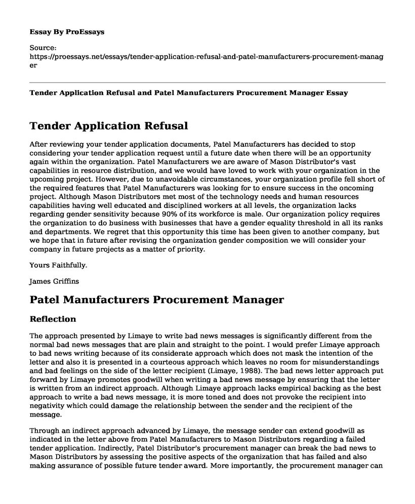 Tender Application Refusal and Patel Manufacturers Procurement Manager