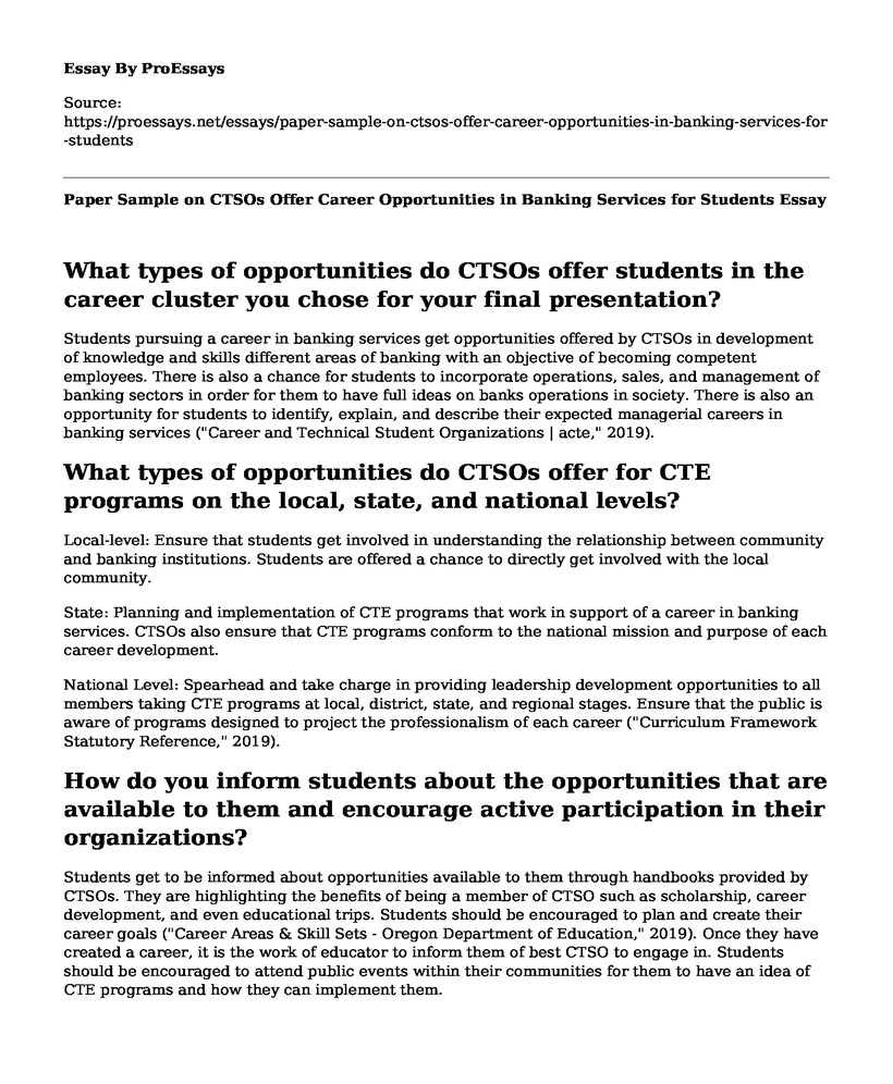 Paper Sample on CTSOs Offer Career Opportunities in Banking Services for Students