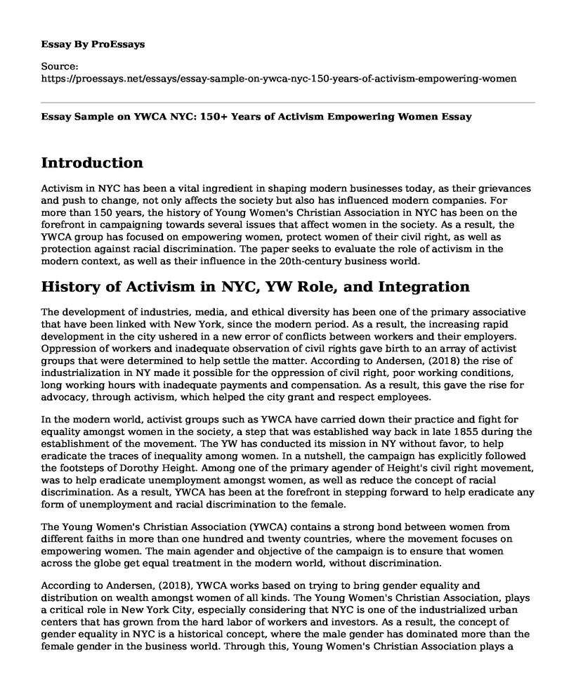 Essay Sample on YWCA NYC: 150+ Years of Activism Empowering Women