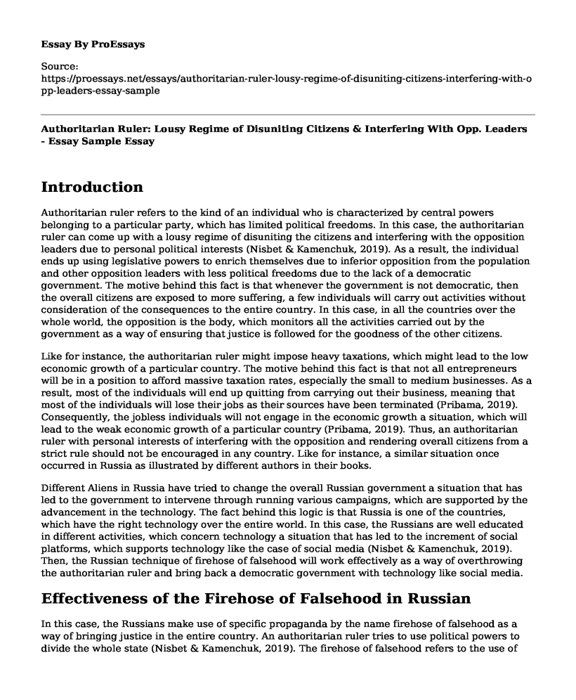 Authoritarian Ruler: Lousy Regime of Disuniting Citizens & Interfering With Opp. Leaders - Essay Sample