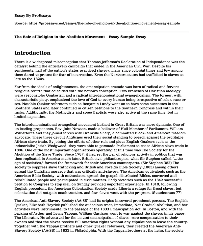The Role of Religion in the Abolition Movement - Essay Sample