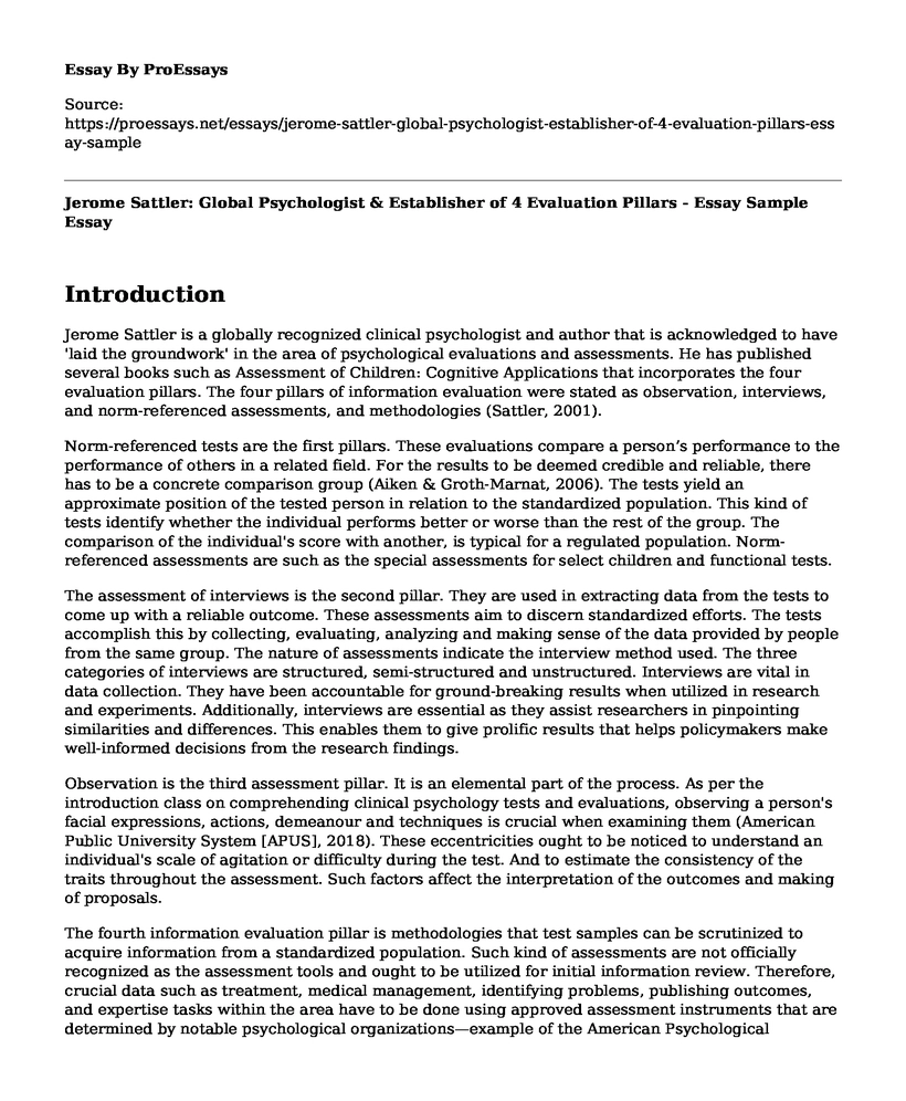 Jerome Sattler: Global Psychologist & Establisher of 4 Evaluation Pillars - Essay Sample